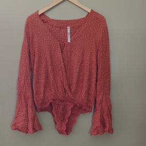 Free People Pink and Orange Bell Sleeve Wrap Blouse